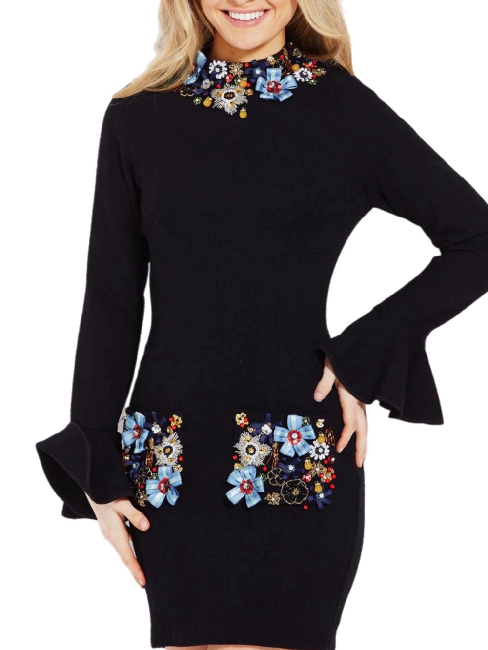 NWT Jovani $790 MSRP Black Multi Embellished Floral Appliqué Cocktail Dress